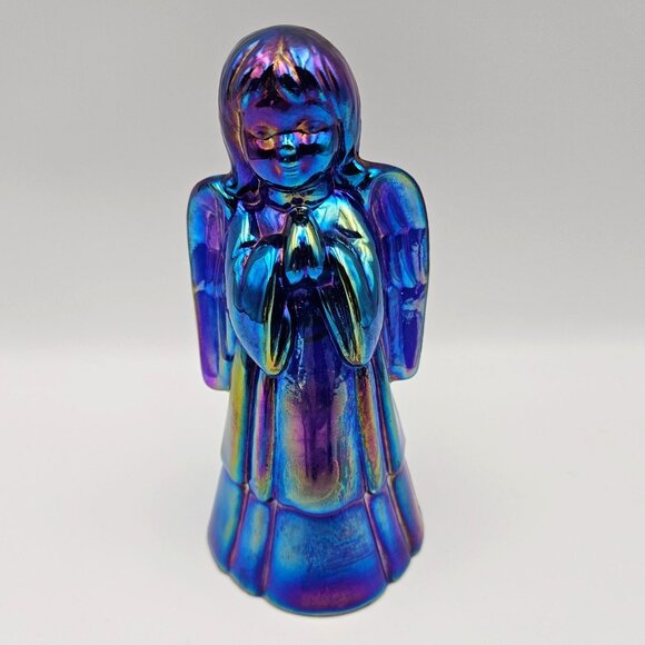 Fenton Glass Angel Figure Cobalt Blue Iridescent Carnival Praying Hands 6" H